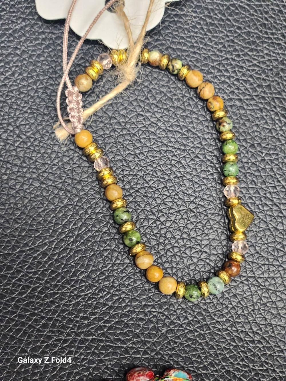 Handmade Green & Tan Stone Jasper Stone Stretch Bracelet with Gold Accents